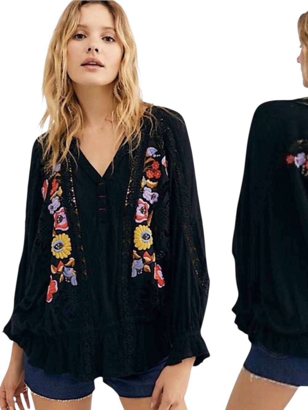 FREE PEOPLE Black Floral Embroidered Crochet Boho Top | Bell Sleeve  Size S